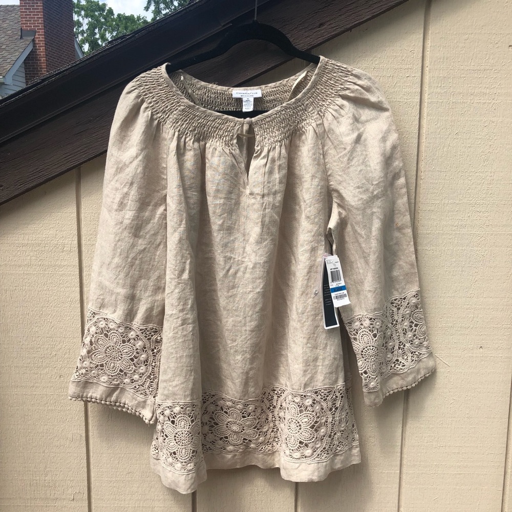 NWT: CHARTER CLUB Linen Crochet Lace Top XL